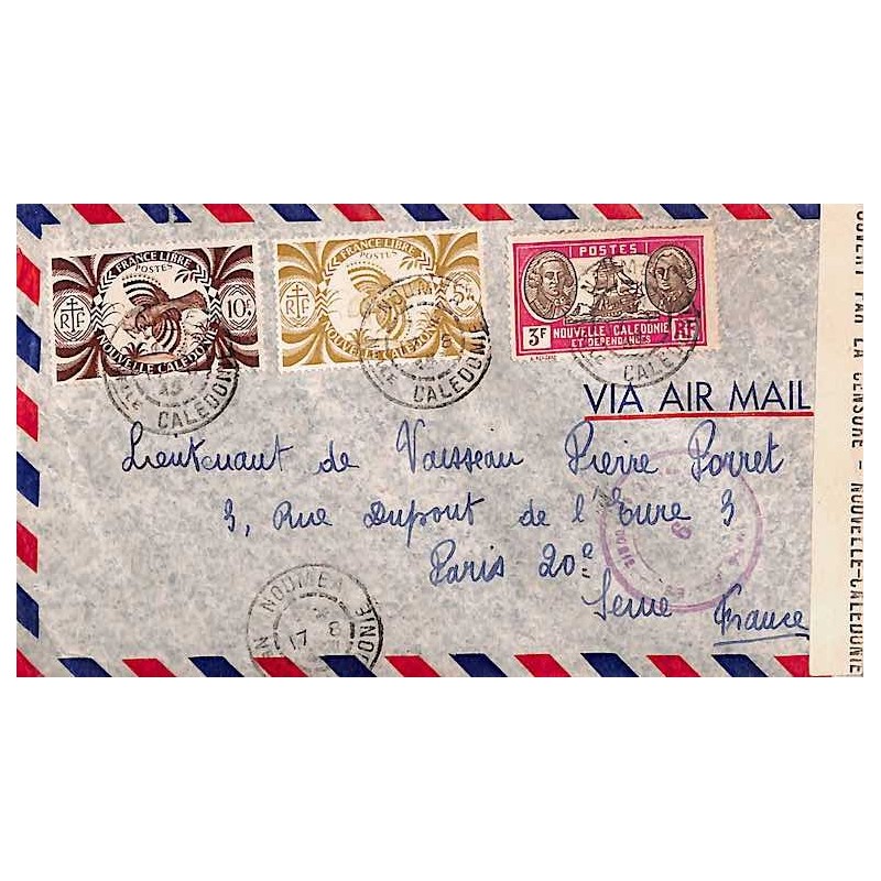 1945 NOUMEA NELLE-CALEDONIE cachet de CENSURE ALLIEE NOUVELLE CALEDONIE 9