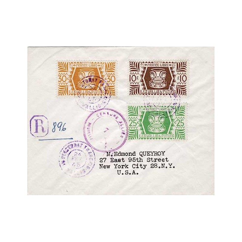 1945 Lettre pour les USA à 10 f 55 Cachet CENSURE ALLIEE - NOUVELLE CALEDONIE - 7