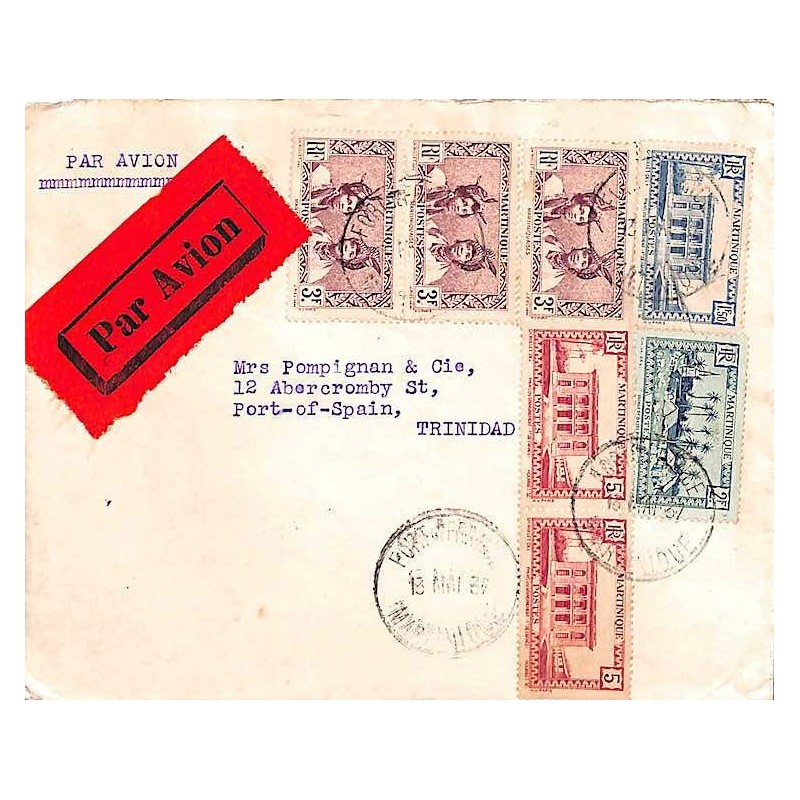 1937 lettre avion pour Trinidad à 12 f 60 étiquette rouge PAR AVION