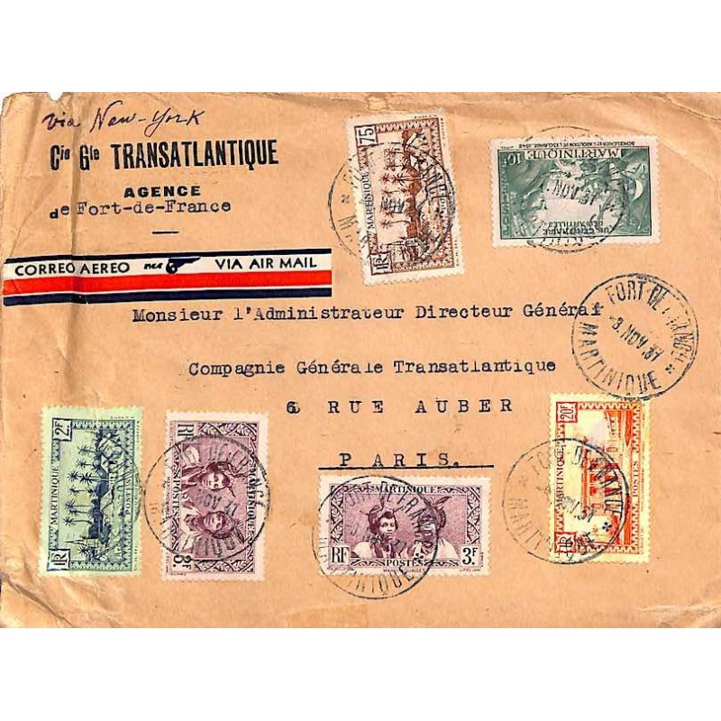 1937 Lettre avion pour la France à 38 f 75  de FORT DE FRANCE MARTINIQUE