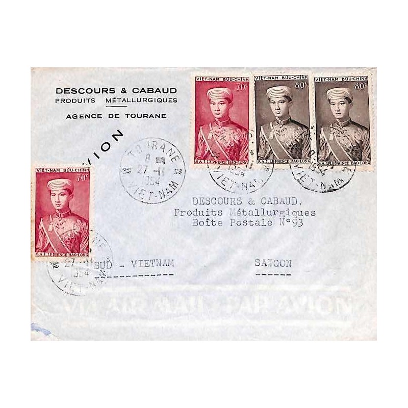 1954 lettre intérieur Vietnam 23 (x2), 24 (x2) Oblitération TOURANE