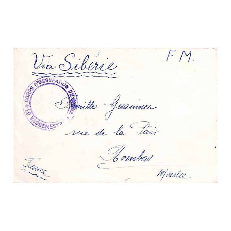 Tien-Tsin 1938 lettre FM Cachet CORPS D'OCCUPATION DE CHINE