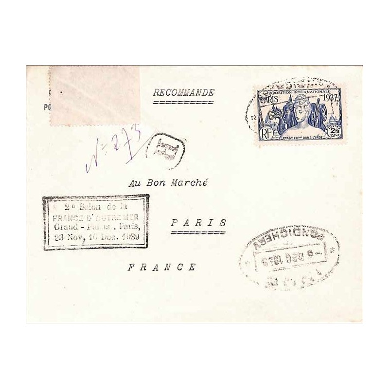 PONDICHERY Cachet 2 e Salon de la France D'OUTRE MER 1939