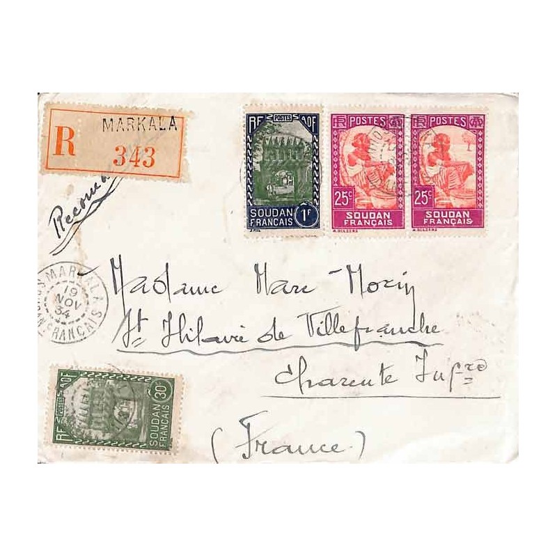 1934 lettre Affranchissement 2 f.  Oblitération MARKALA SOUDAN - FRANÇAIS