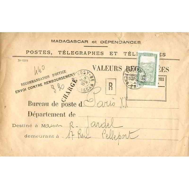 1930 Lettre de valeurs à recouvrer de NOSY-BE MADAGASCAR