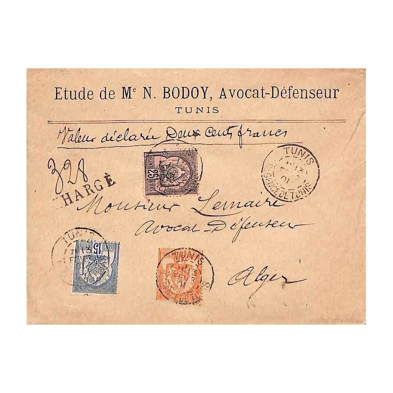 1901 lettre chargée avec valeur déclarée pour l’Algérie à 80 c.