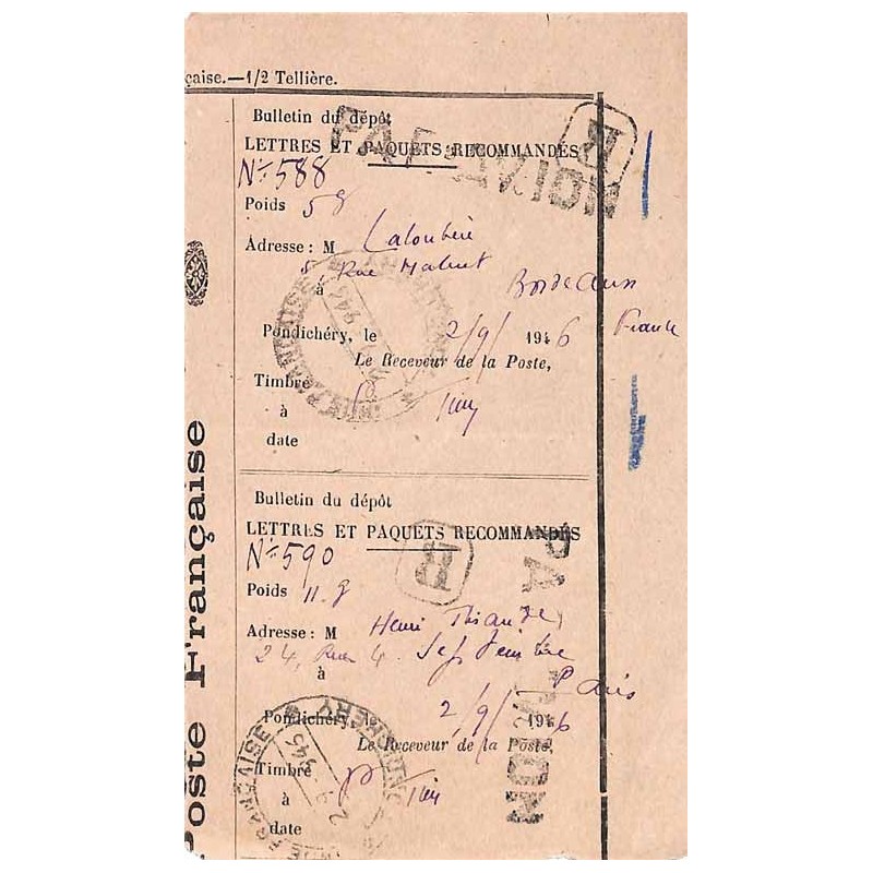 1946 Récepissé de dépôt de deux recommandés