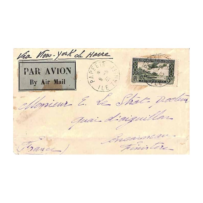 1935 Lettre Affranchissement PA 1 de PAPEETE