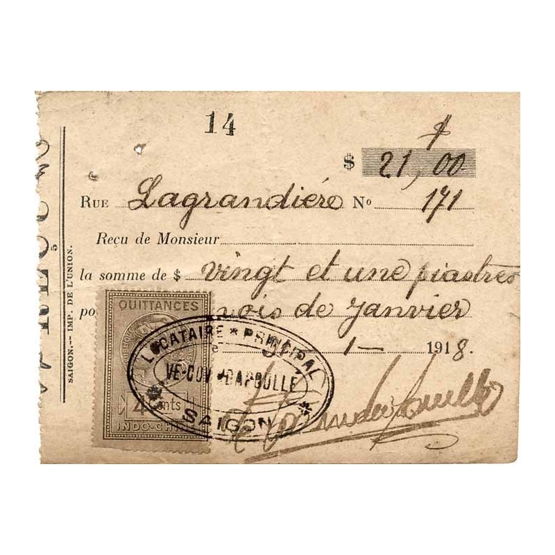 Reçu de loyer 1919 avec timbre QUITTANCE 4 cents brun