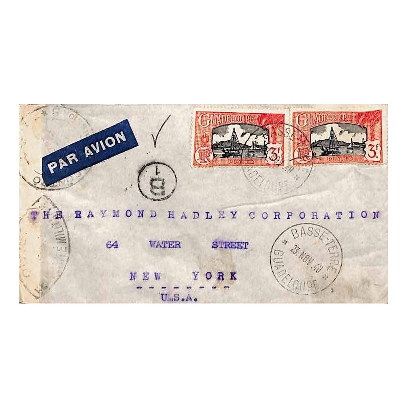 1940 Lettre avion pour les USA à 6 f de BASSE - TERRE GUADELOUPE