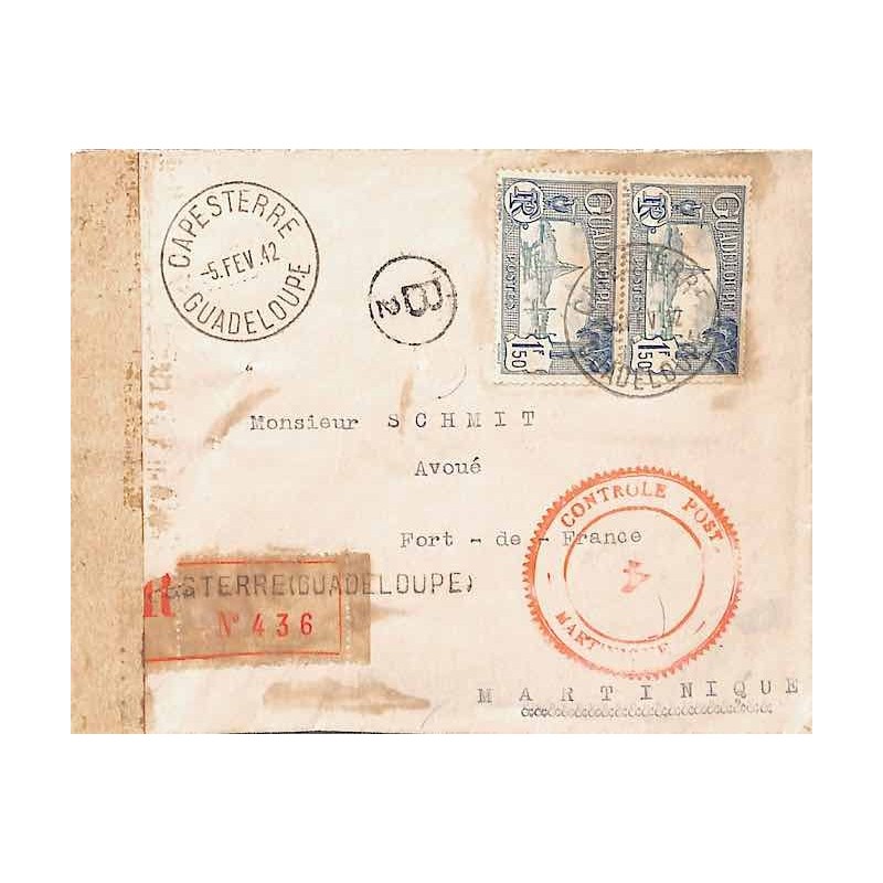 1942 Lettre pour la Martinique à 3 f de CAPESTERRE GUADELOUPE
