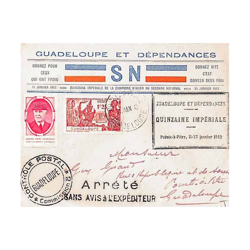 1942 Enveloppe premier jour Quinzaine Impériale de POINTE A PITRE GUADELOUPE