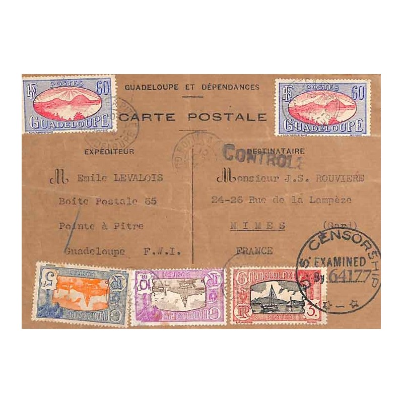 1944 Carte de fabrication locale en papier kraft Cachets censure US et française