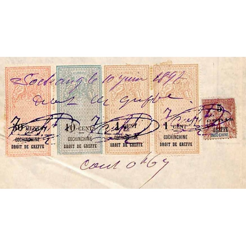 Droits de greffe 67 cents avec timbres surchargés 1895