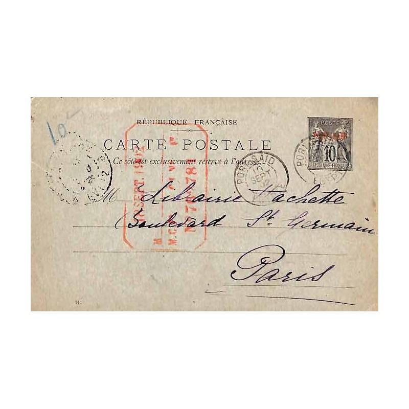 PORT - SAÏD EGYPTE 1902 sur Entier carte postale 10 c Sage surchargé avec date 111