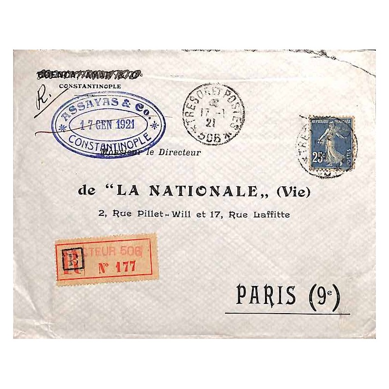 TRESOR et POSTES * 506 * 1921 recommandée avec 25 c Semeuse