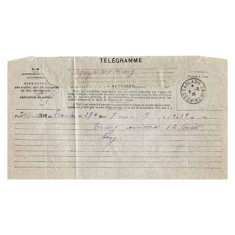CAOLANH COCHINCHINE 1932 sur télégramme