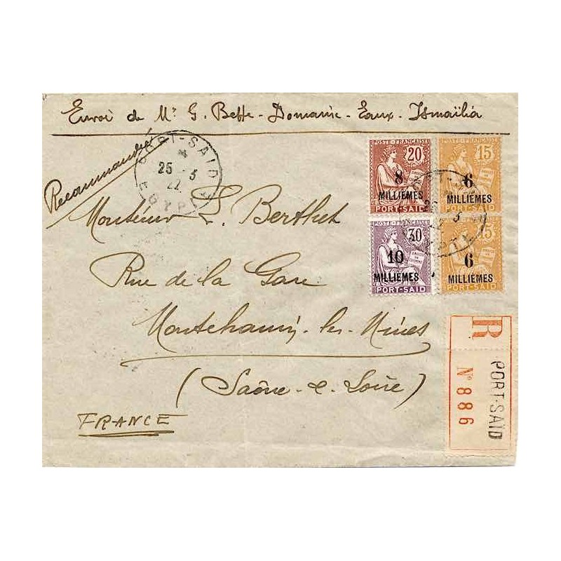 PORT-SAID EGYPTE 1922 Lettre Affranchissement tricolore à 30 millièmes