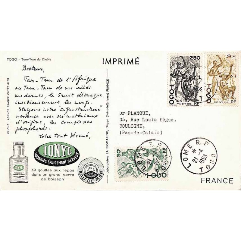 1953 Carte Ionyl à 5 f. Oblitération LOME R.P. TOGO