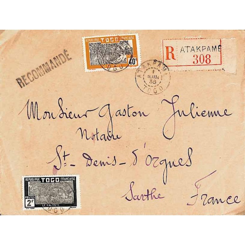 1938 Lettre Affranchissement 2 f 40 ATAKPAME TOGO