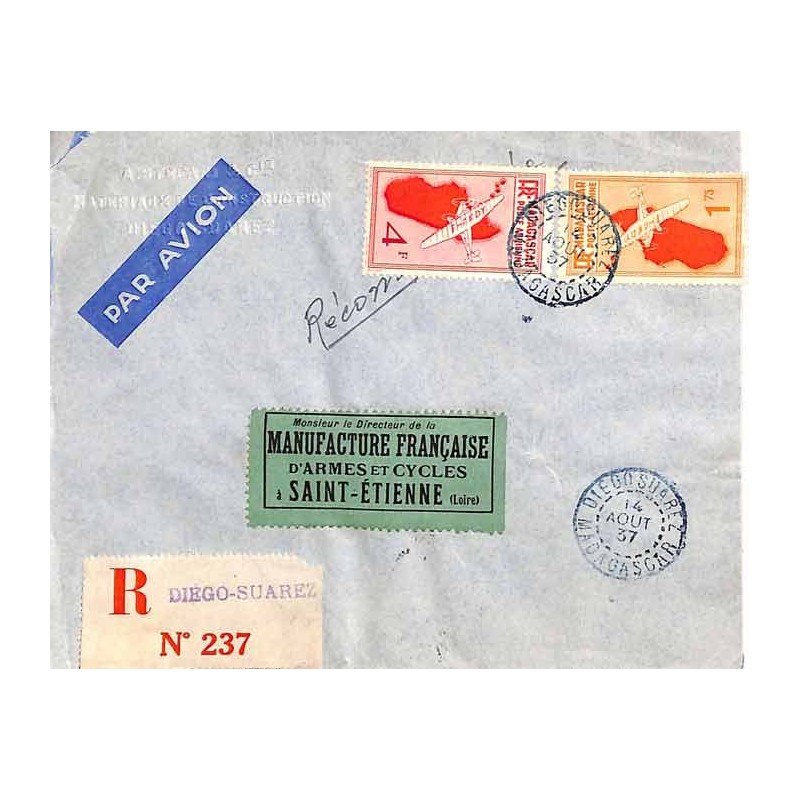 1937 Lettre à 5 f 75 Oblitération DIEGO-SUAREZ MADAGASCAR