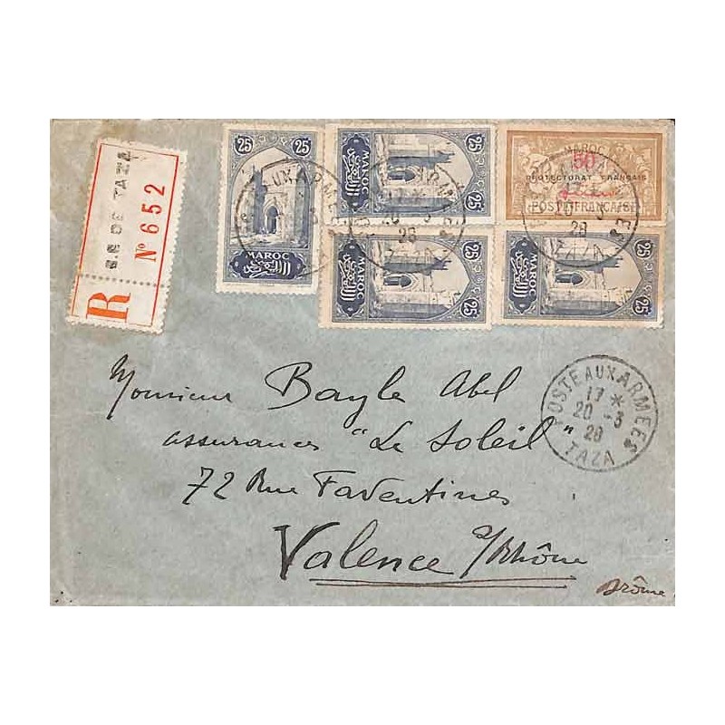 Lettre recommandée 1928 Affranchissement 50, 106 (x5) Oblitération POSTE AUX ARMEES TAZA