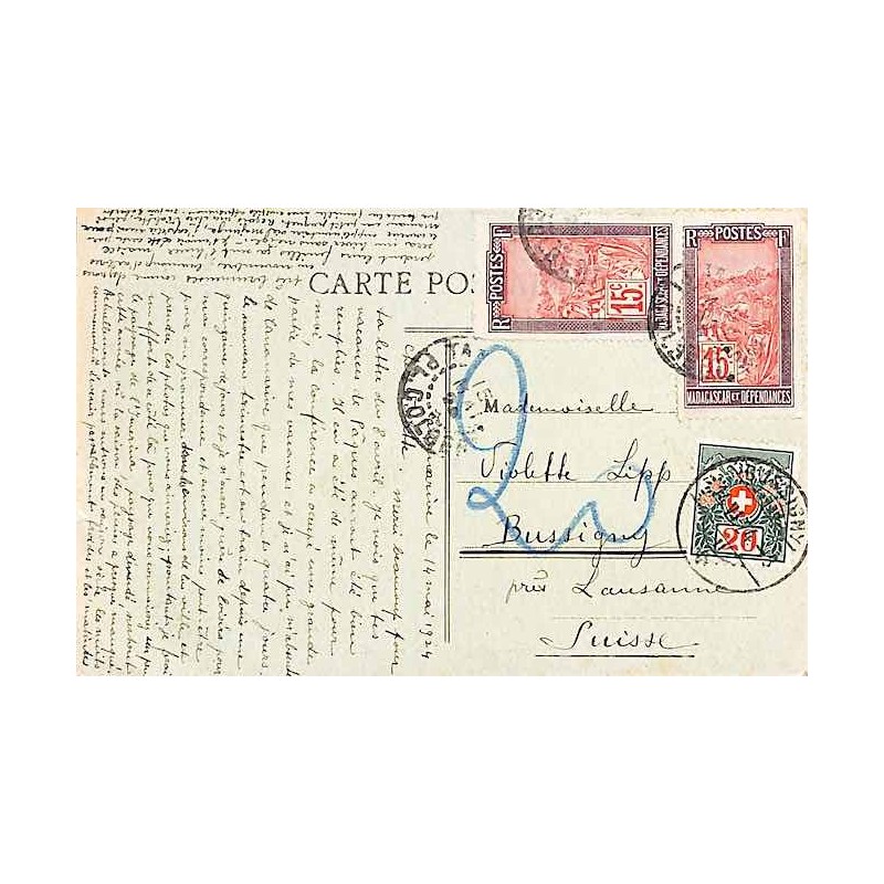 Carte postale pour la Suisse 1924 Affranchissement 30 c Taxée à l’arrivée