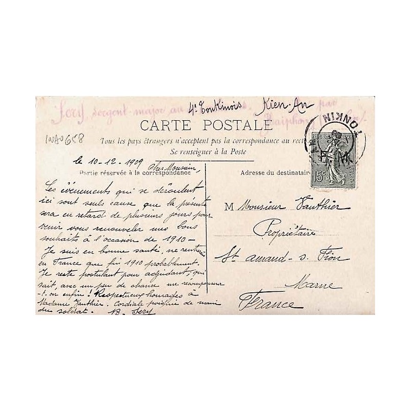 KIEN-AN 1909 TONKIN Affranchie 15 c Semeuse surcharge FM