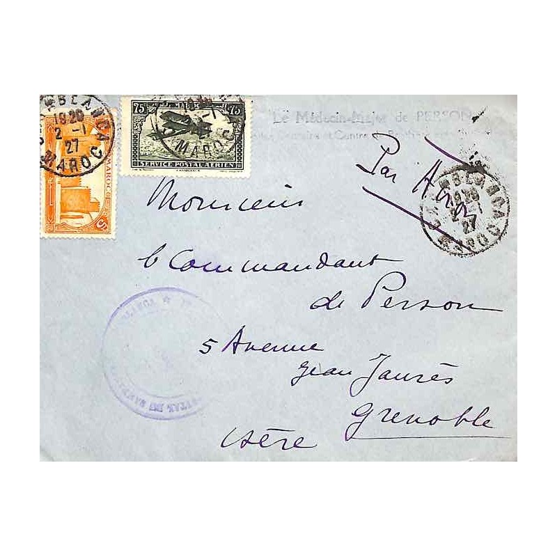 1927 Lettre avion en FM à 80 c. CASABLANCA MAROC