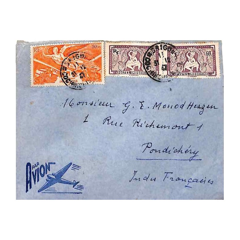 1947 Lettre avion pour l’Inde à 2 $ Oblitération SAIGON * COCHINCHINE *