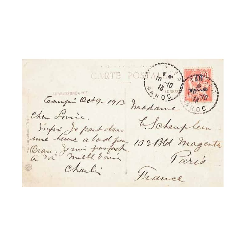 TANGER MAROC 1913  timbre à date de distribution