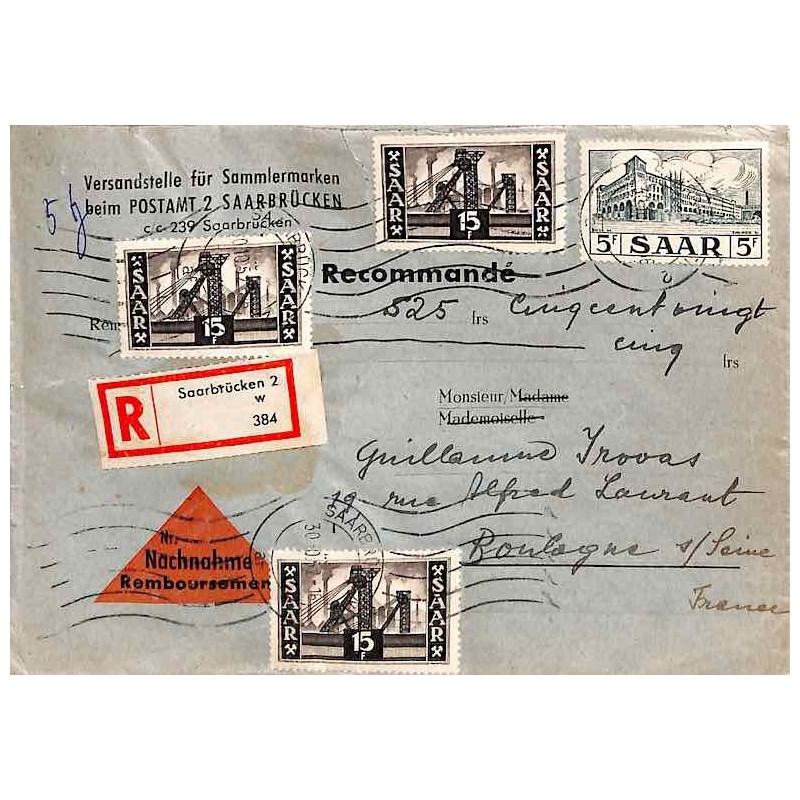 Lettre recommandée contre-remboursement pour la France 1952