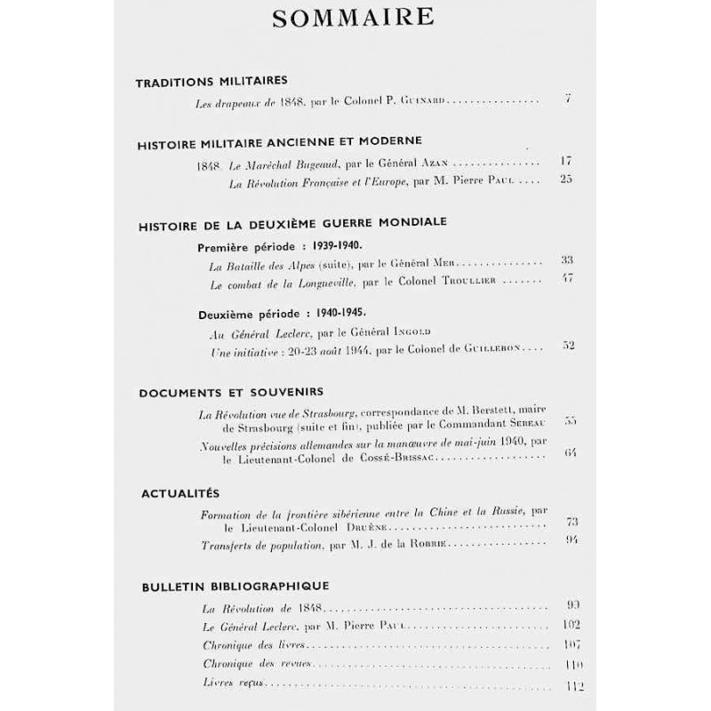 1948, n° 1 Revue Historique de l'Armée