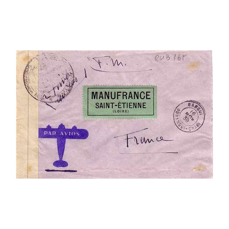 1939 Lettre FM avion à 3 f. de BANGUI OUBANGUI-CHARI