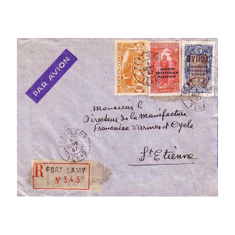 1937 Lettre 6 f. 15  FORT-LAMY TCHAD recommandée avion