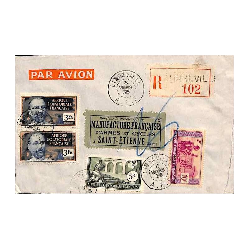 1938 lettre 6 f. 15 avion recommandée PORT-GENTIL A.E.F.