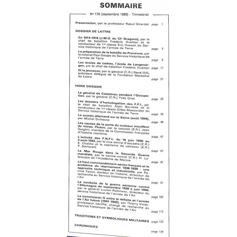 REVUE HISTORIQUE DES ARMEES, 1989, n° 3 : Guerre 39-45, dossier de Lattre