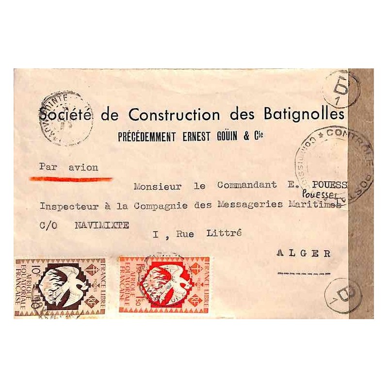 1945 Lettre 11 f 50 pour l’Algérie Cachet CONTROLE POSTAL