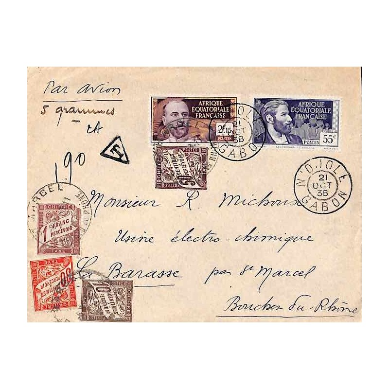 1938 Lettre 2 f. 70 de N'DJOLE GABON Taxe 1 f. 90 à l’arrivée