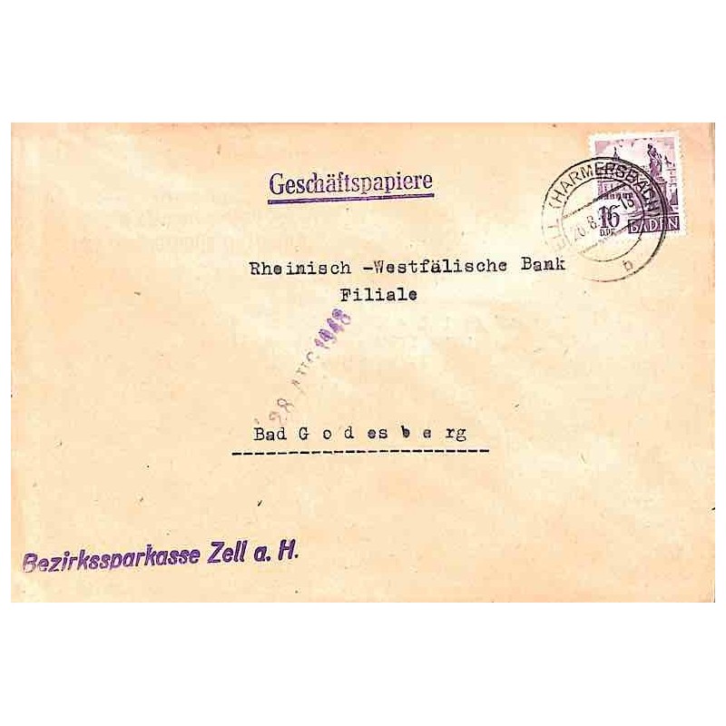 1948 Lettre 16 DPf.  Oblitération ZELL (HARMERSBACH)