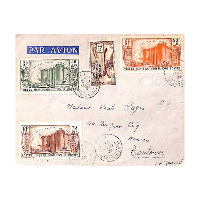 1939 Lettre avion à 5 f 80 timbres Bastille