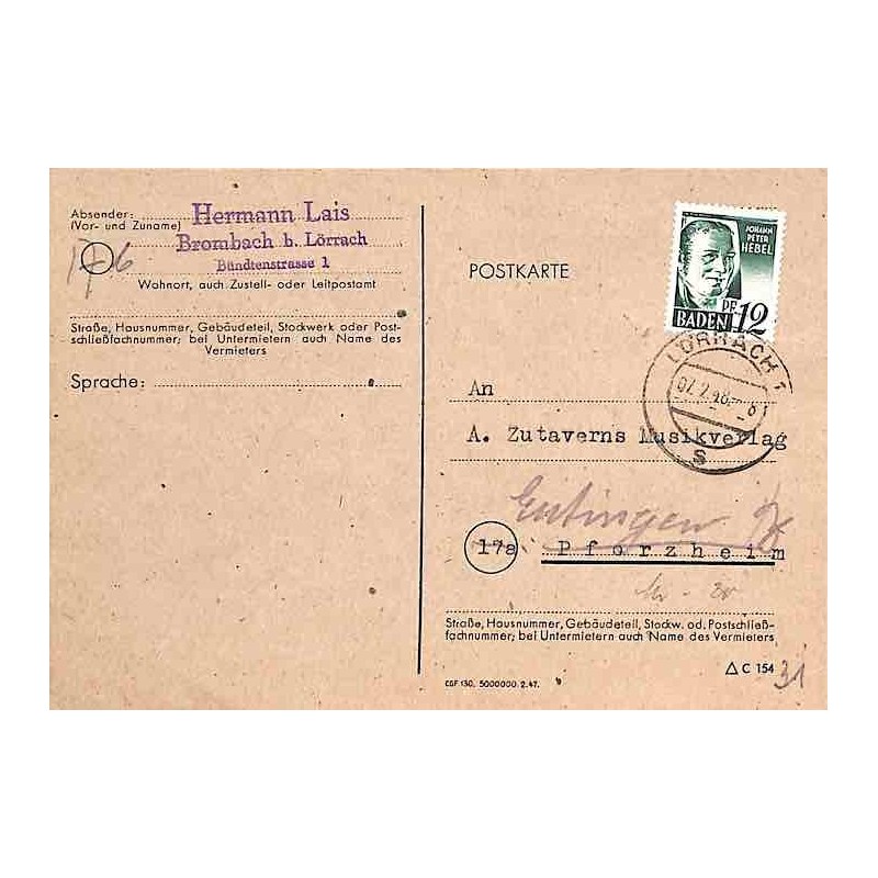 1948 Carte postale Oblitération LÖRRACH 1 / S