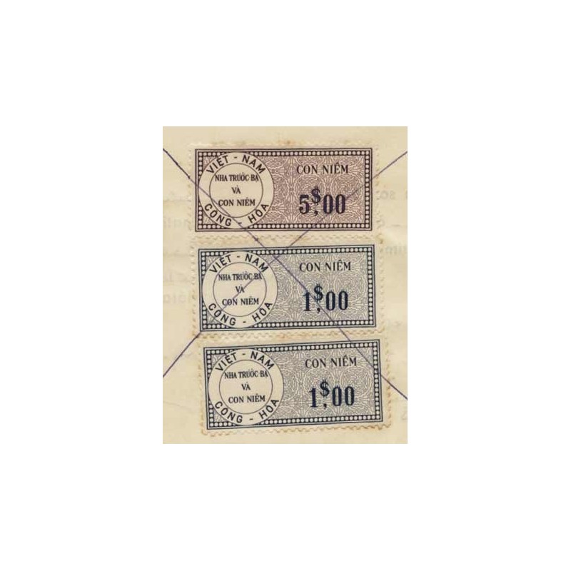 7 $ en timbres fiscaux généraux au verso petit reçu 1968 Viet-Nam Cong-Hoa