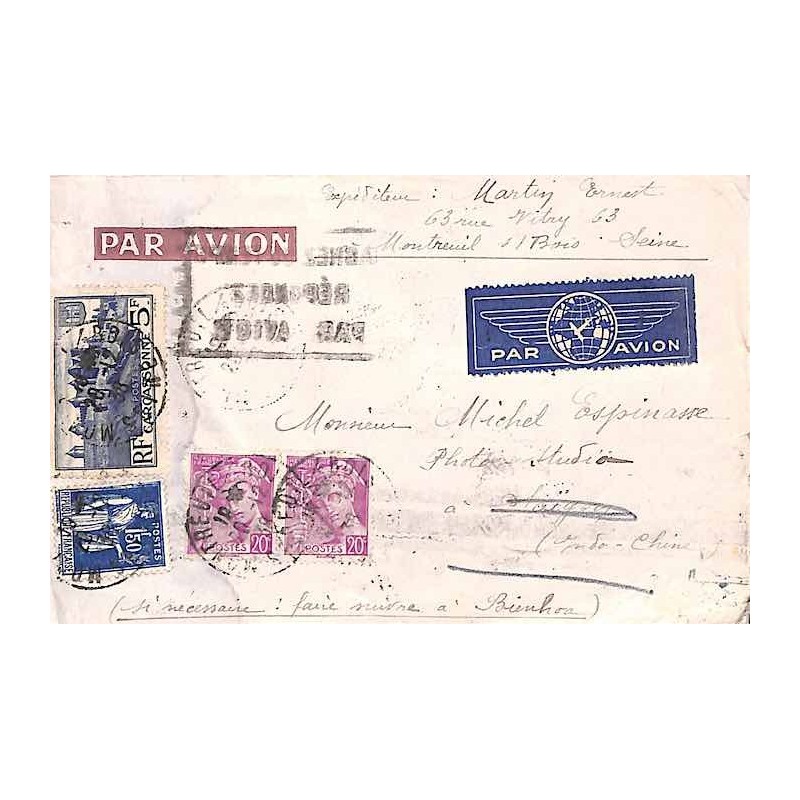 1938 Lettre de France pour Saigon à  6 f. 90