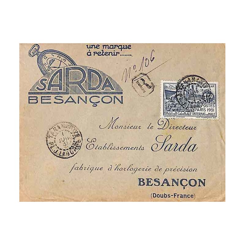 1931 Lettre recommandée Affranchissement 182 Timbre peu courant sur courrier