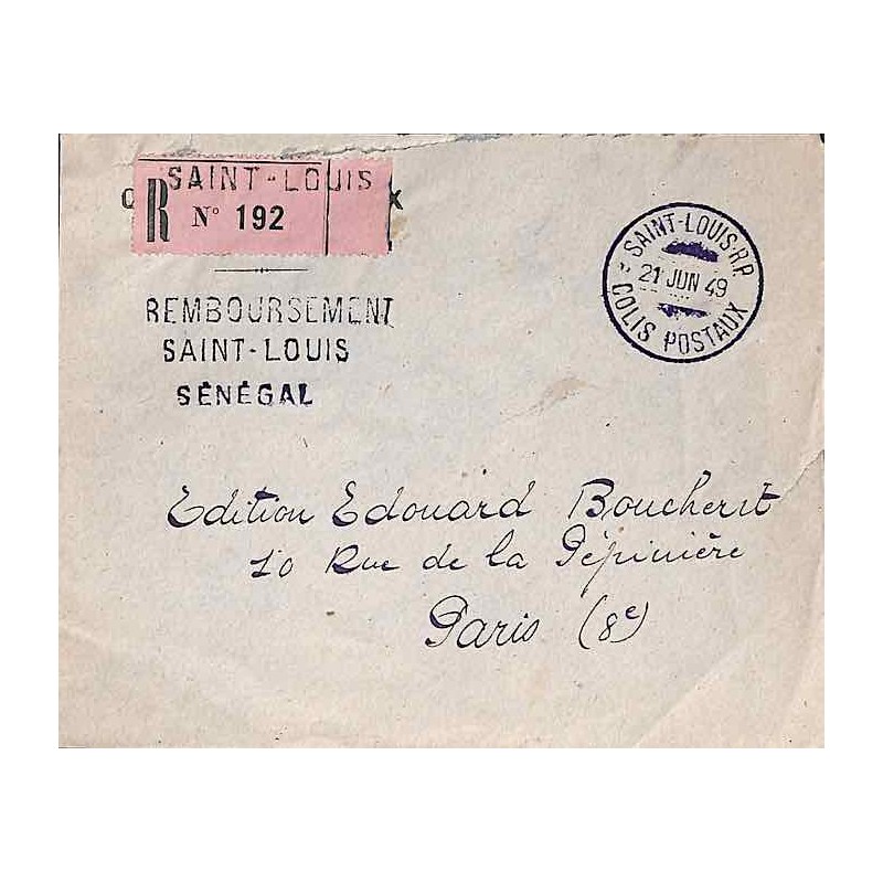 SAINT-LOUIS RP  COLIS POSTAUX SENEGAL 1949