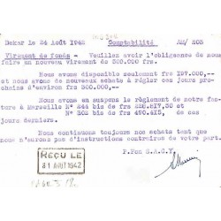 1942 Carte postale interzones Cachet violet type III DAKAR R.P. AVION Surtaxe Aérienne perçue le ____ 3 frs 50