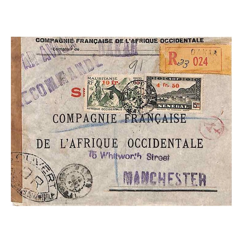 1945 Enveloppe avion recommandée pour la Grande Bretagne Affranchissement Sénégal 191 Mauritanie 136