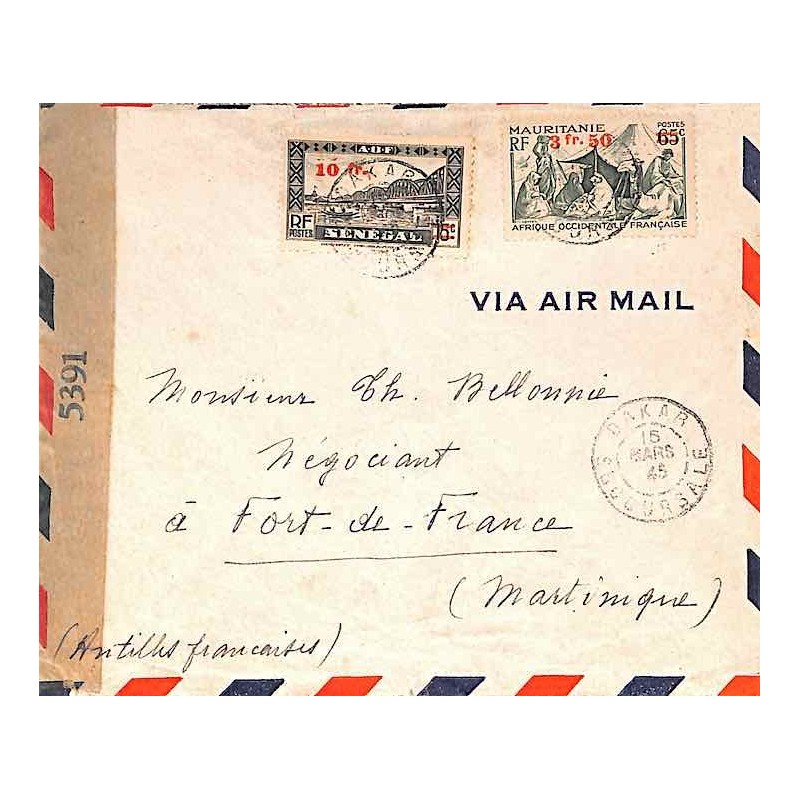 1945 Enveloppe avion pour la Martinique Affranchissement Sénégal 194 Mauritanie 133