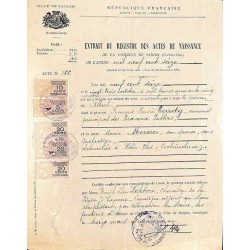 Extrait de naissance de Saigon 1931 Fiscaux 75 c